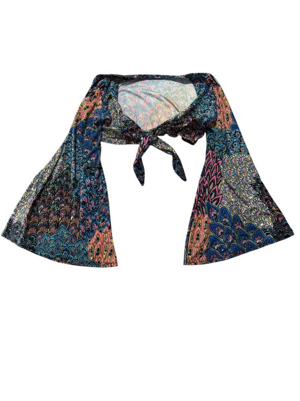 Eat Sleep Rave large bell sleeve Boho Tie-Front Crop Top festival colorf Paisley